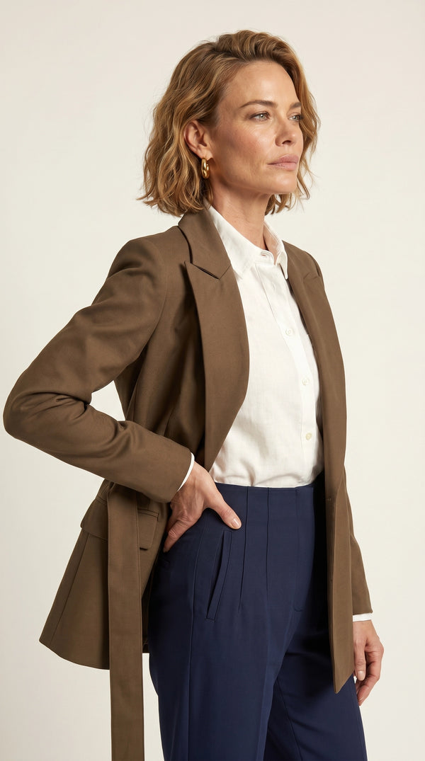 Blazer Verona | Sastrería Fluida con Cinturón Anatómico | Café Moca