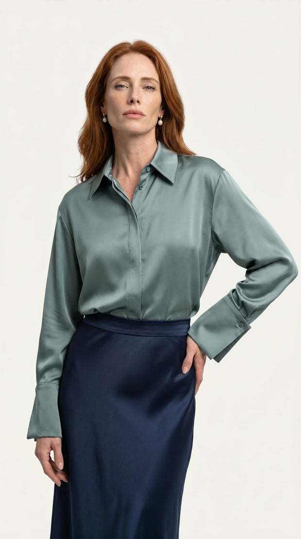 Camisa Morganita Satén Efecto Seda Mate | Verde Agua Marine