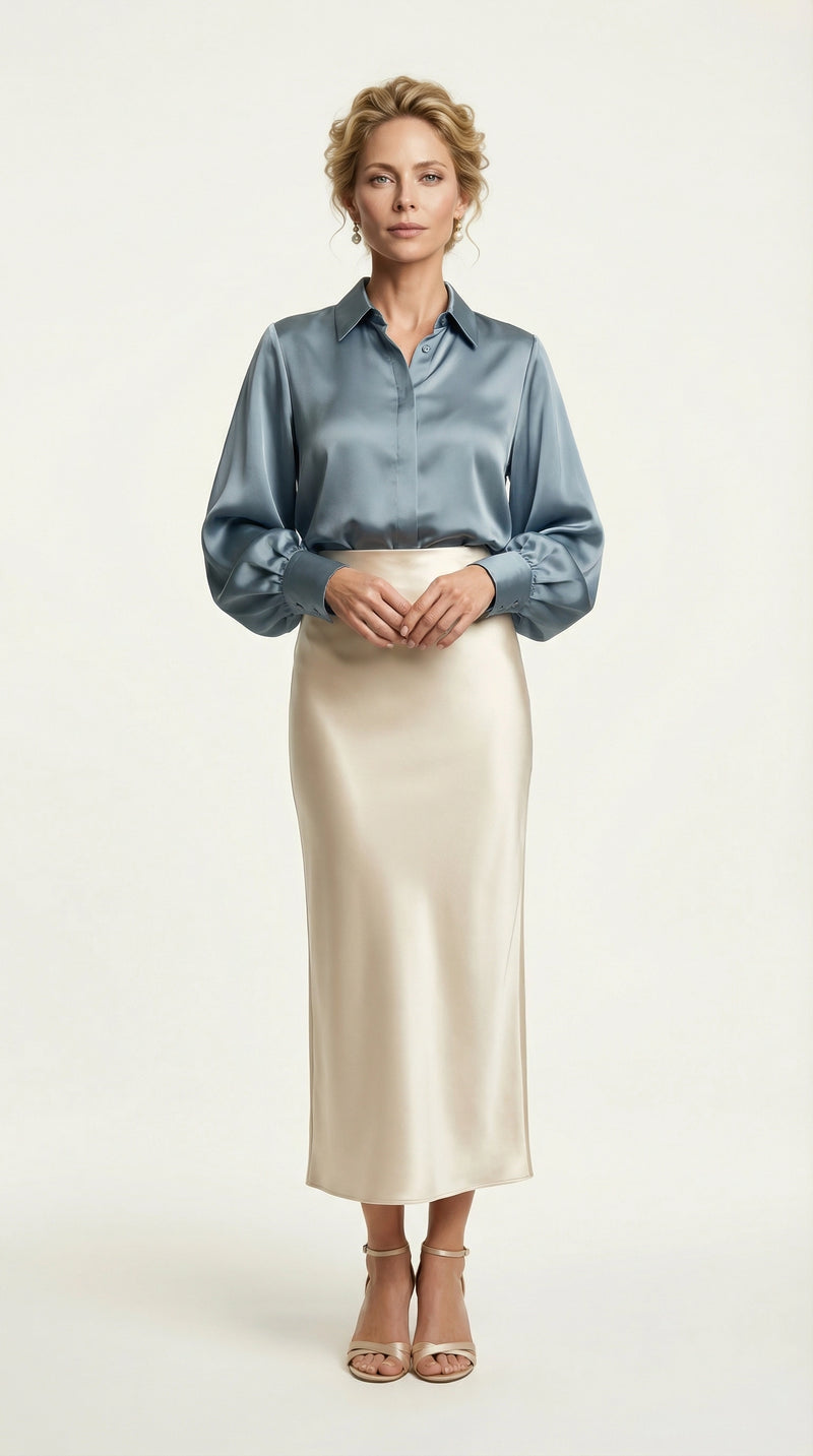 Falda Satinada Midi Claire | Marfil Champagne