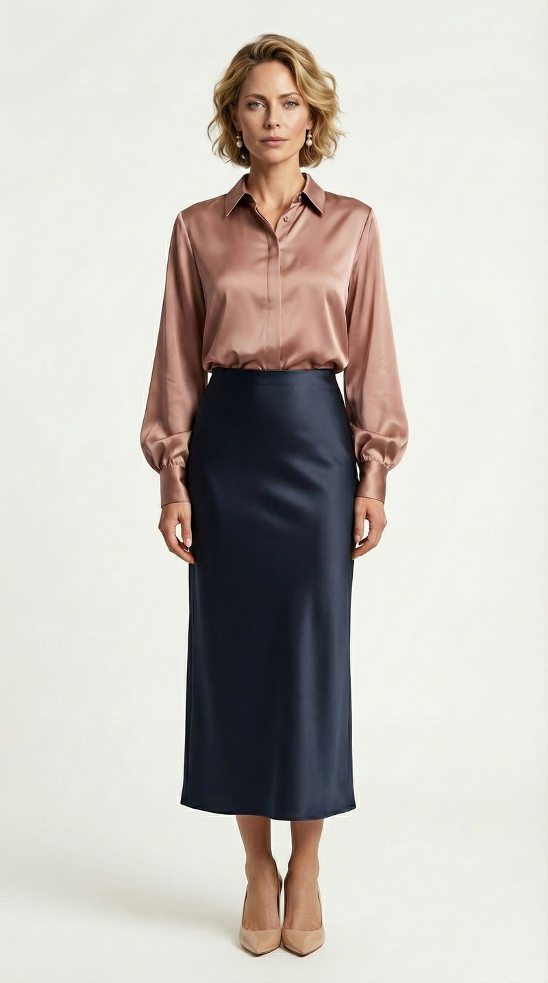 Falda Satinada Midi Claire | Azul Marino