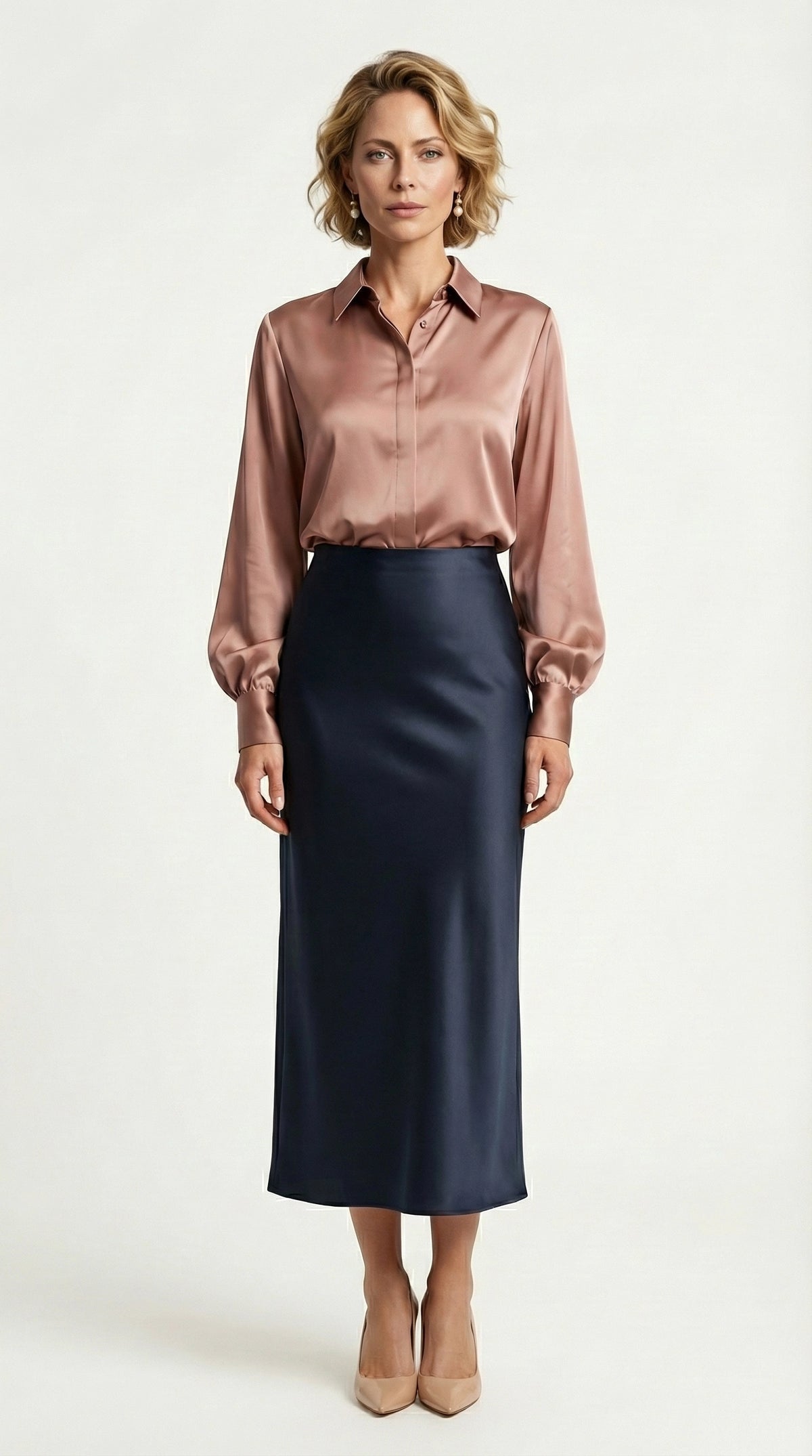 Falda Satinada Midi Claire | Azul Marino