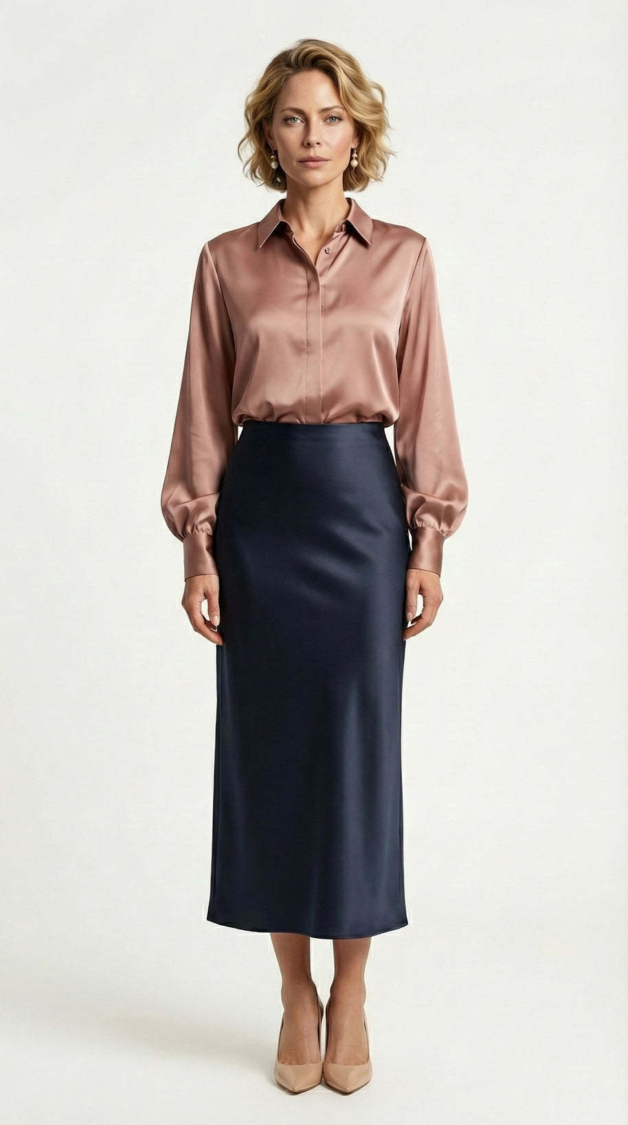 Falda Satinada Midi Claire | Azul Marino