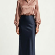 Falda Satinada Midi Claire | Azul Marino