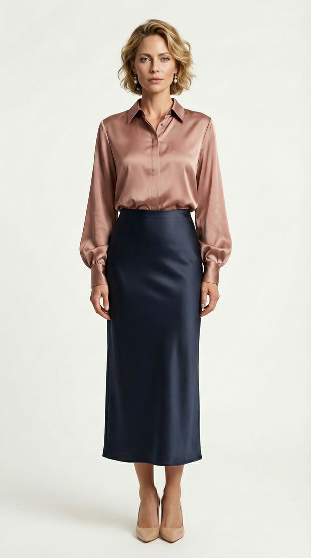 Falda Satinada Midi Claire | Azul Marino