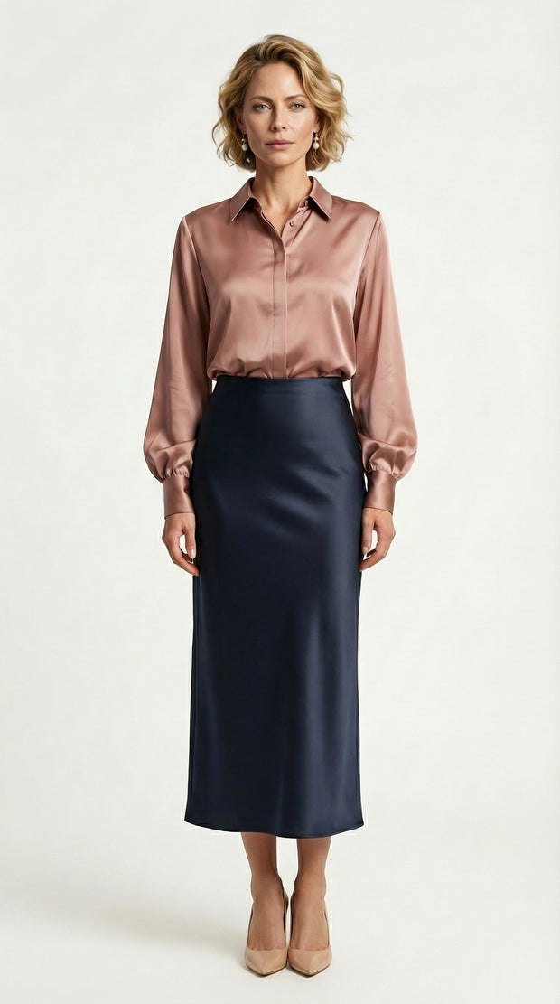 Falda Satinada Midi Claire | Azul Marino