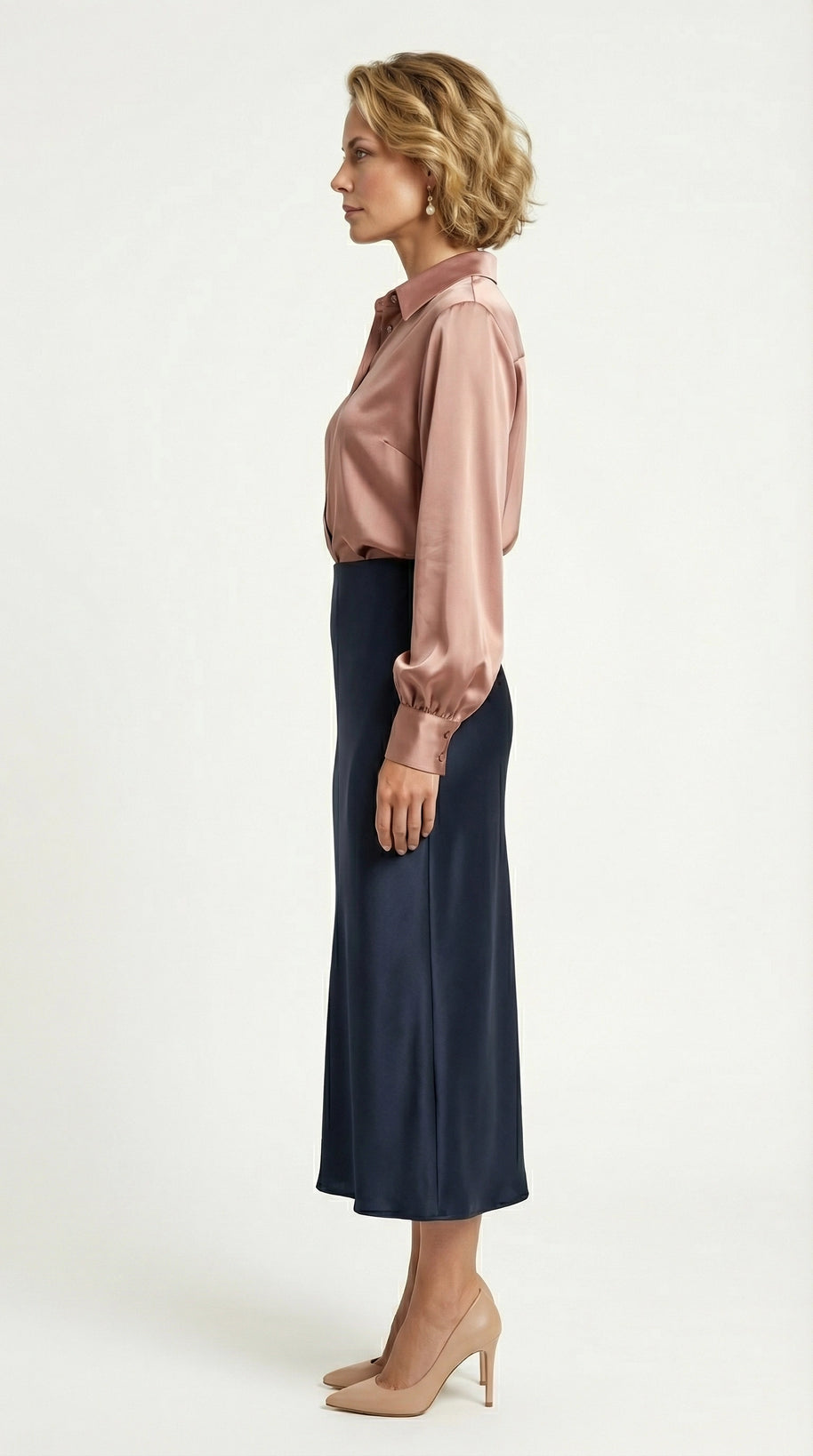 Falda Satinada Midi Claire | Azul Marino