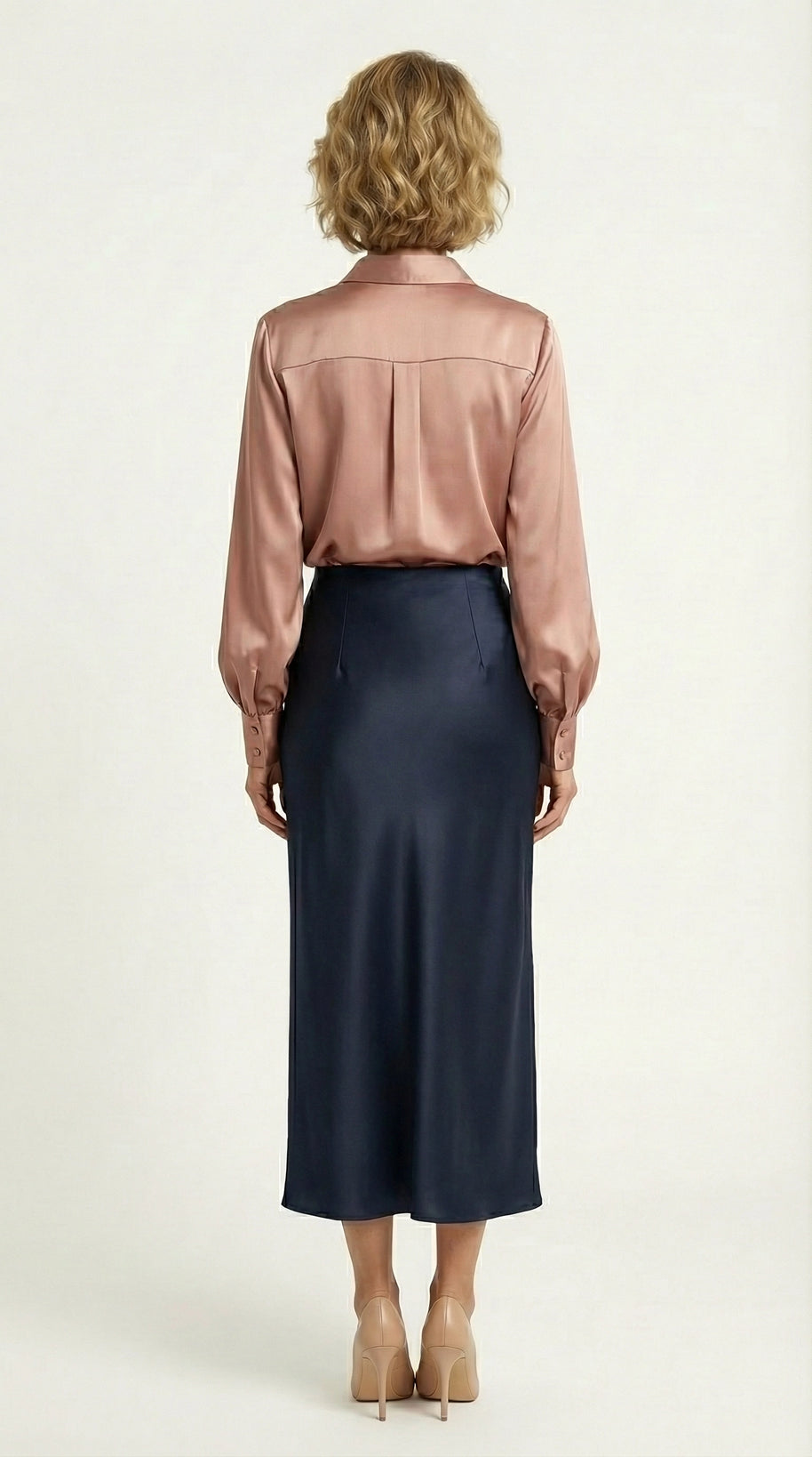 Falda Satinada Midi Claire | Azul Marino