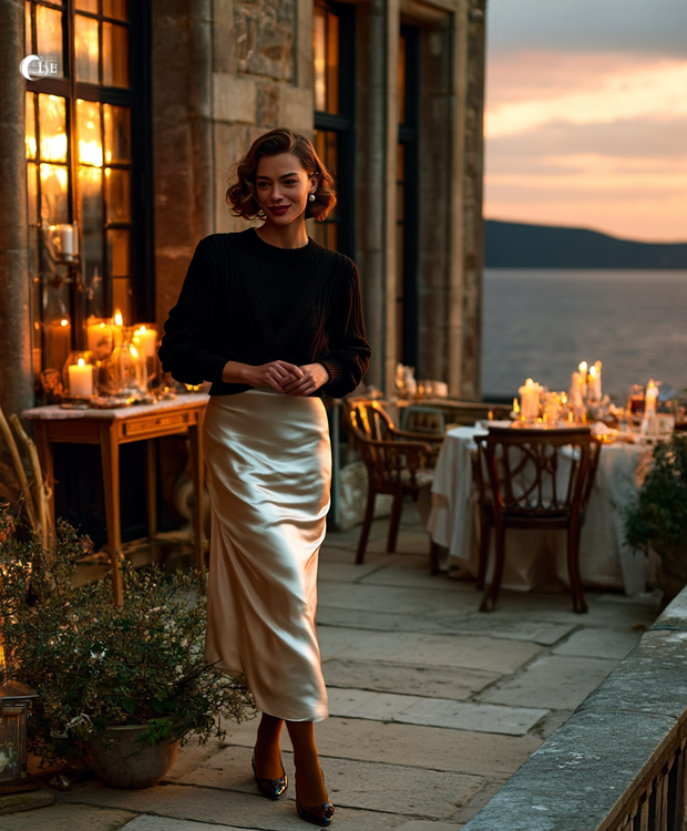 FALDA SATINADA MIDI CLAIRE – MARFIL CHAMPAGNE