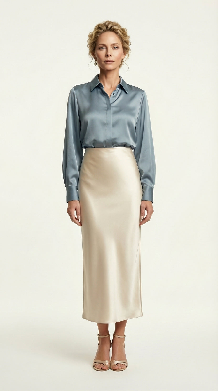 Falda Satinada Midi Claire | Marfil Champagne