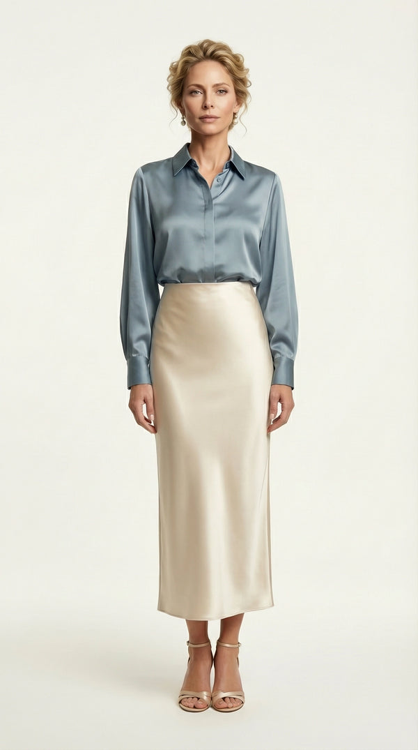 Falda Satinada Midi Claire | Marfil Champagne