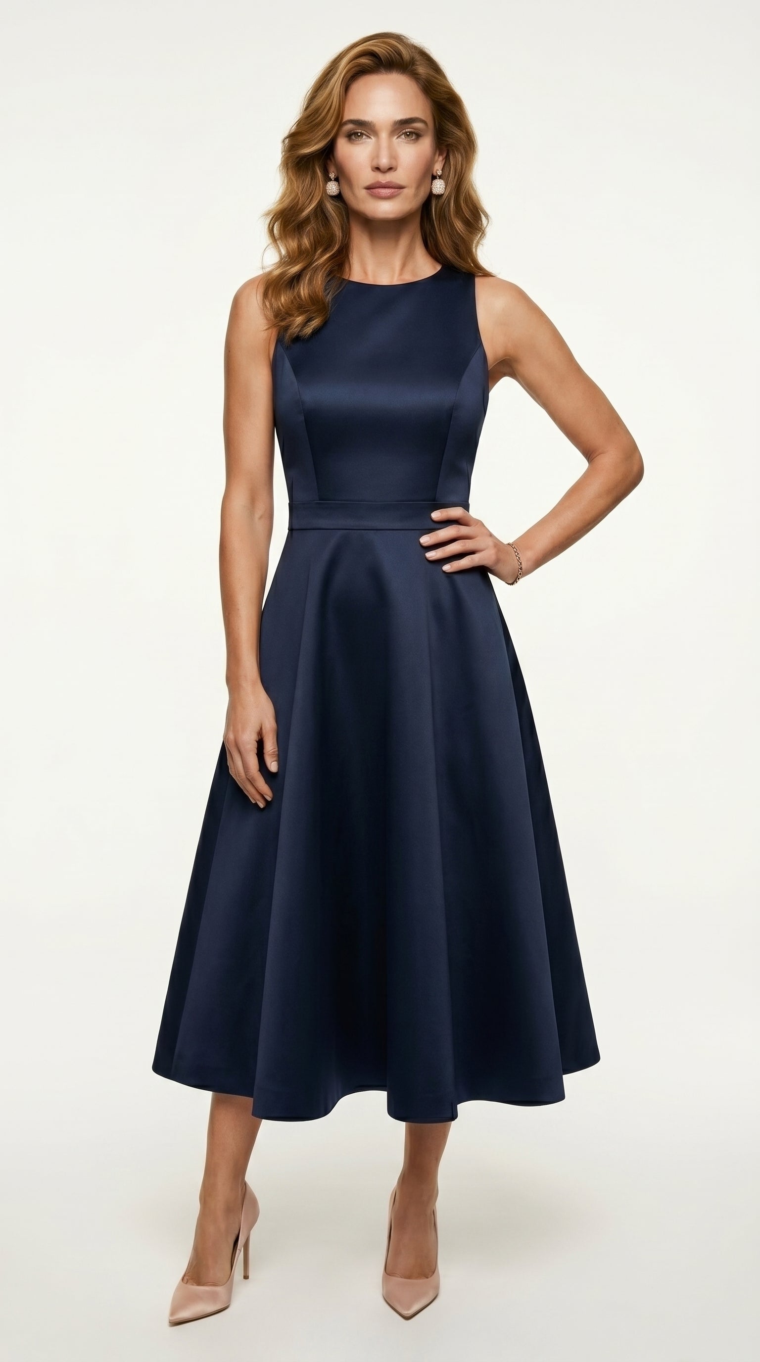 Vestido Midi Zafiro | Satén Estructural Semi-Mate | Azul Marino