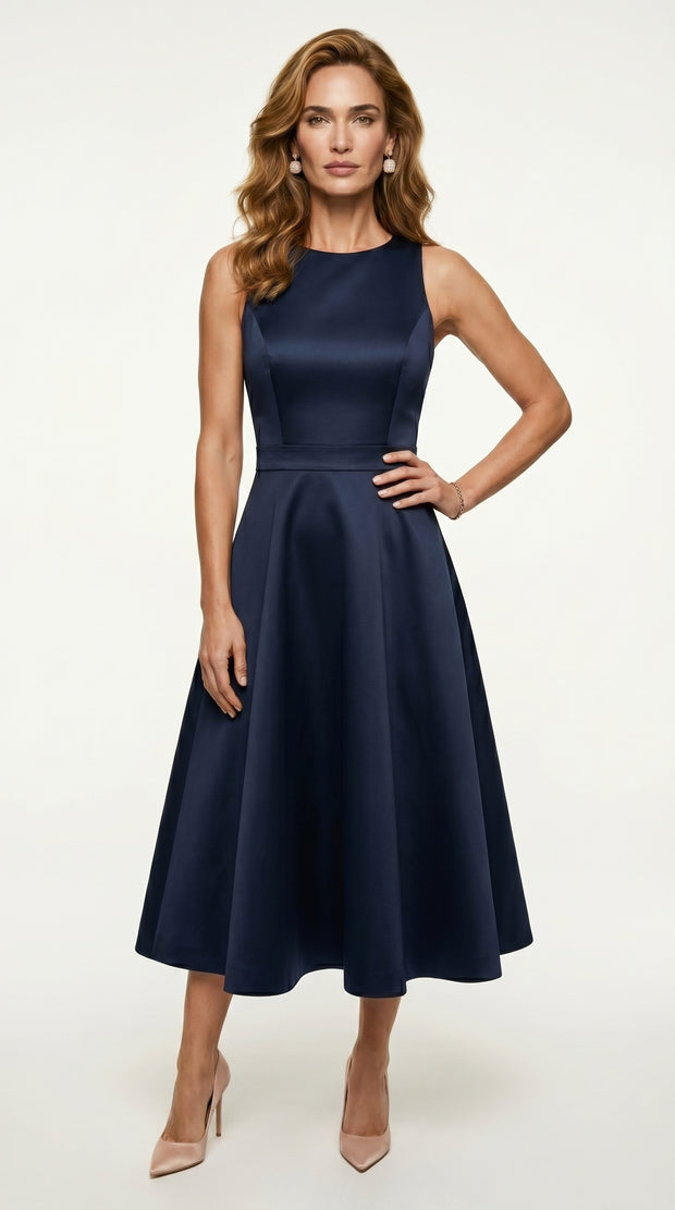VESTIDO MIDI DE CETIM AZUL MARINHO SAFIRA COM LAÇO NAS COSTAS