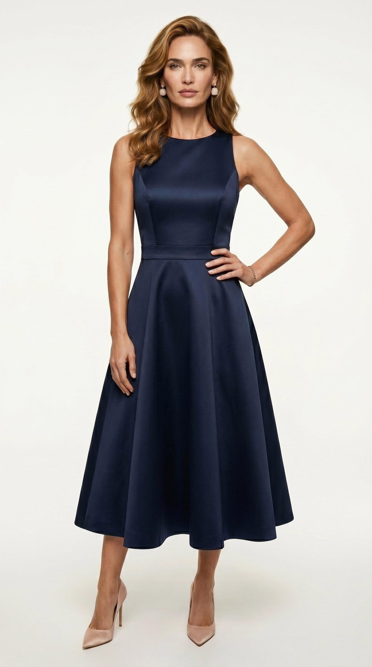VESTIDO MIDI DE CETIM AZUL MARINHO SAFIRA COM LAÇO NAS COSTAS