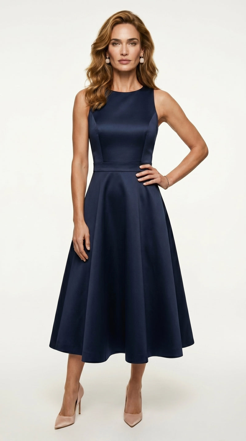 Vestido Midi Zafiro | Satén Estructural Semi-Mate | Azul Marino Y